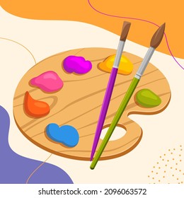 Wooden artist's palette with paints and brushes isolated on colorful background. Vector illustration of tools for drawing