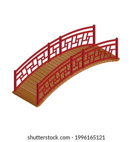 Wooden asian arched bridge on white background 3d isometric vector illustration