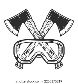 Wooden axe construction builder tool. Crossed metal ax with handle made of wood and glasses. Element for business woodworking or lumberjack emblem or icon.