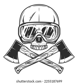Wooden axe construction builder tool. Half skull in safety glasses and crossed metal ax with handle made of wood. Element for business woodworking or lumberjack emblem or icon.