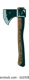 Wooden axe isolated on white background. Element for woodworking outdoor. Custom graphic design vector illustration of metal ax with handle made of wood. Vintage style tool for hand made work.