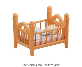 Wooden baby bed 3d render concept of children bedroom comfortable furniture vector illustration