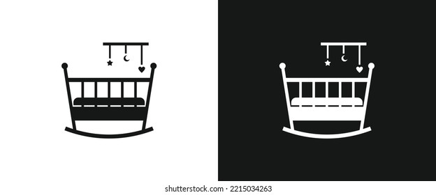 Wooden baby cradle flat icon for web. Simple cradle with baby mobile hanging toy sign web icon silhouette with invert color. Minimalist baby crib cradle bed children's bedroom solid black icon vector