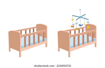 Wooden baby crib clipart. Simple cute crib with baby mobile hanging toy flat vector illustration. Baby crib cradle bed children bedroom cartoon hand drawn style. Kids, baby shower, nursery decoration