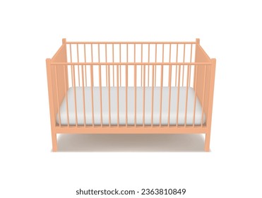 Wooden baby crib cradle bed children bedroom kids nursery furniture realistic vector illustration. Infant calming bedtime toddler sleep comfortable rest bedding newborn empty home interior accessory