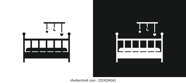 Wooden baby crib flat icon for web. Simple crib with baby mobile hanging toy sign web icon silhouette with invert color. Minimalist baby crib cradle bed children's bedroom solid black icon vector