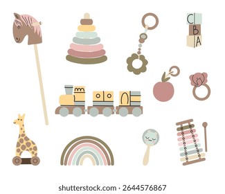 Wooden baby toys. Beige newborn wooden ecological accessories, train. Rainbow and cubes for toddler games. Pyramid and horse. Vector cartoon isolated illustration