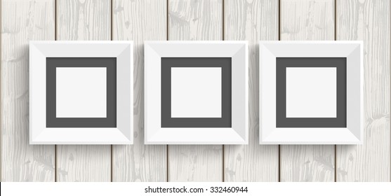 Wooden background with 3 picture frames. Eps 10 vector file.