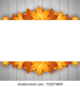Wooden background with autumn leaves. Place for your text. Vector illustration. 