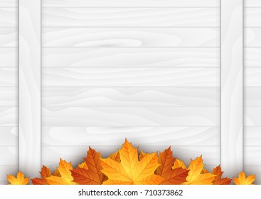 Wooden background with autumn leaves. Place for your text. Vector illustration. 