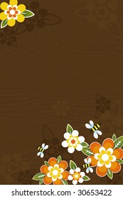 wooden background with  bees and flowers