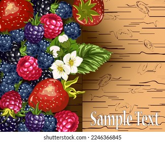 Wooden background with berries.Ripe berries on a wooden background in color vector illustration.