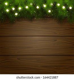 Wooden background with branches of Christmas tree and light bulbs, illustration.