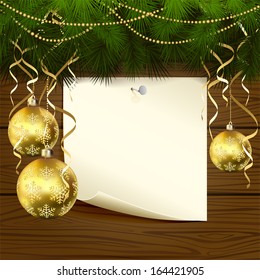 Wooden background with branches of Christmas tree, baubles and paper, illustration.