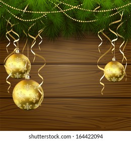 Wooden background with branches of Christmas tree and baubles, illustration.