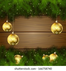 Wooden background with branches of Christmas tree and golden baubles, illustration.