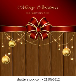 Wooden background with Christmas baubles and red bow, illustration.