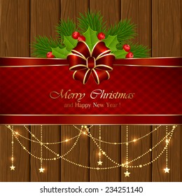 Wooden background with Christmas decorative elements, holly berry and red bow, illustration.