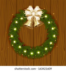 Wooden background with Christmas garland and bells, illustration.