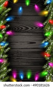 Wooden background with Christmas garland and fir branches. Vector illustration.
