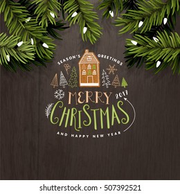 Wooden background christmas greeting card. Merry Christmas lettering 