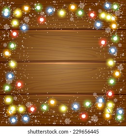 Wooden background with Christmas lights, snowflakes and stars, illustration.