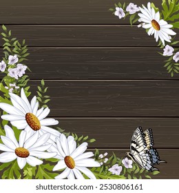 Wooden background with daisies.Color vector illustration with daisies and butterfly on a wooden background.