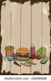 Wooden background with drawing of hamburger and ingredients, vector