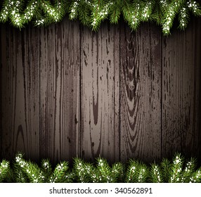 Wooden background with fir branches. Vector paper illustration.