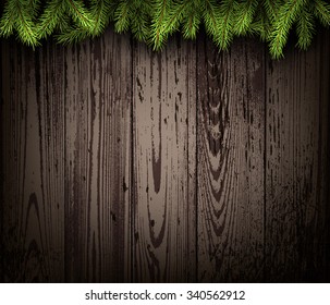 Wooden background with fir branches. Vector paper illustration.