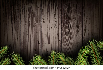 Wooden background with fir branches. Vector paper illustration.