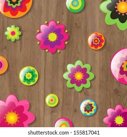 Wooden Background With Flowers, Vector Illustration