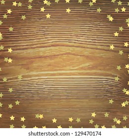 Wooden Background With Gold Stars, Vector Illustration