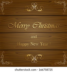 Wooden background with golden Christmas greetings and ornate elements, illustration.