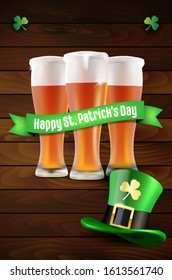 Wooden background with green hat, cloverleafs and beers - St. Patrick Day wish with copy space for your text. Vector illustration.
