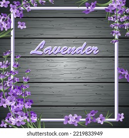 Fondo de madera con lavanda.Marco con decoración de lavanda sobre fondo de madera en ilustración vectorial.