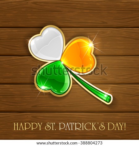 Wooden background with leaf clover in Irish flag colors, theme of Happy St. Patrick's Day, illustration.