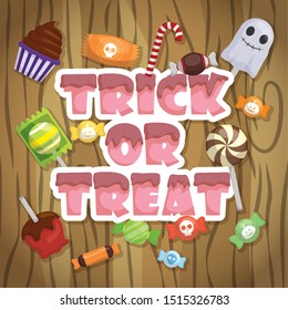 wooden background lettering candies trick or treat happy halloween vector illustration