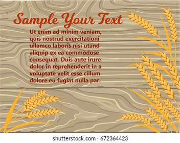 Wooden background made of planks with golden bread spikes in corners and red sample text that can be replaced vector illustrations.