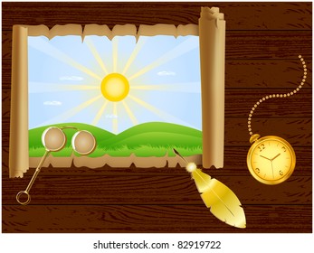 Wooden background with a painted on parchment and sunny landscape