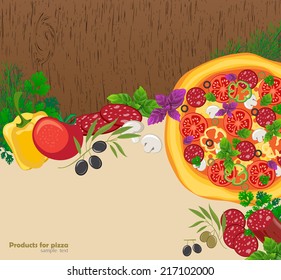 wooden background with pizza