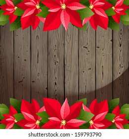 Wooden background with poinsettia borders
