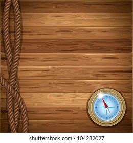 Wooden background with rope and compass