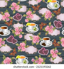 Wooden background with roses and cups.Cups with drinks, hearts, rose bouquets, butterflies and frames in a romantic vector pattern on a wooden background.