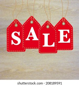 Wooden Background With Sale Labels, Vector Illustration