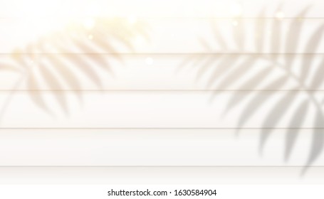 Wooden background with shadows of palm leaves. Mokup template for your flatlay. Vector illustration.