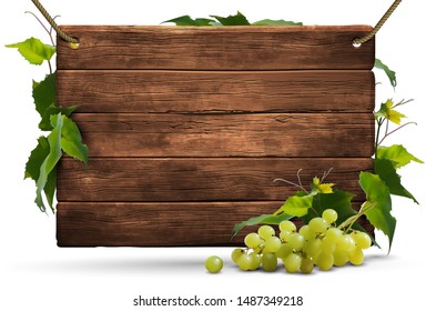 A wooden background shield with leafs and branch of grapes