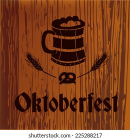 a wooden background with a silhouette of a beer mug, wheats, pretzel and text