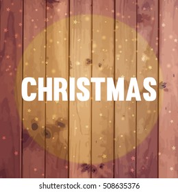 Wooden background with stars and Christmas tag. Vector illustration