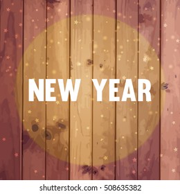 Wooden background with stars and New Year tag. Vector illustration